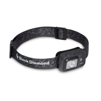 Compact headlamp with adjustable heathered gray strap and single LED lens, angled view