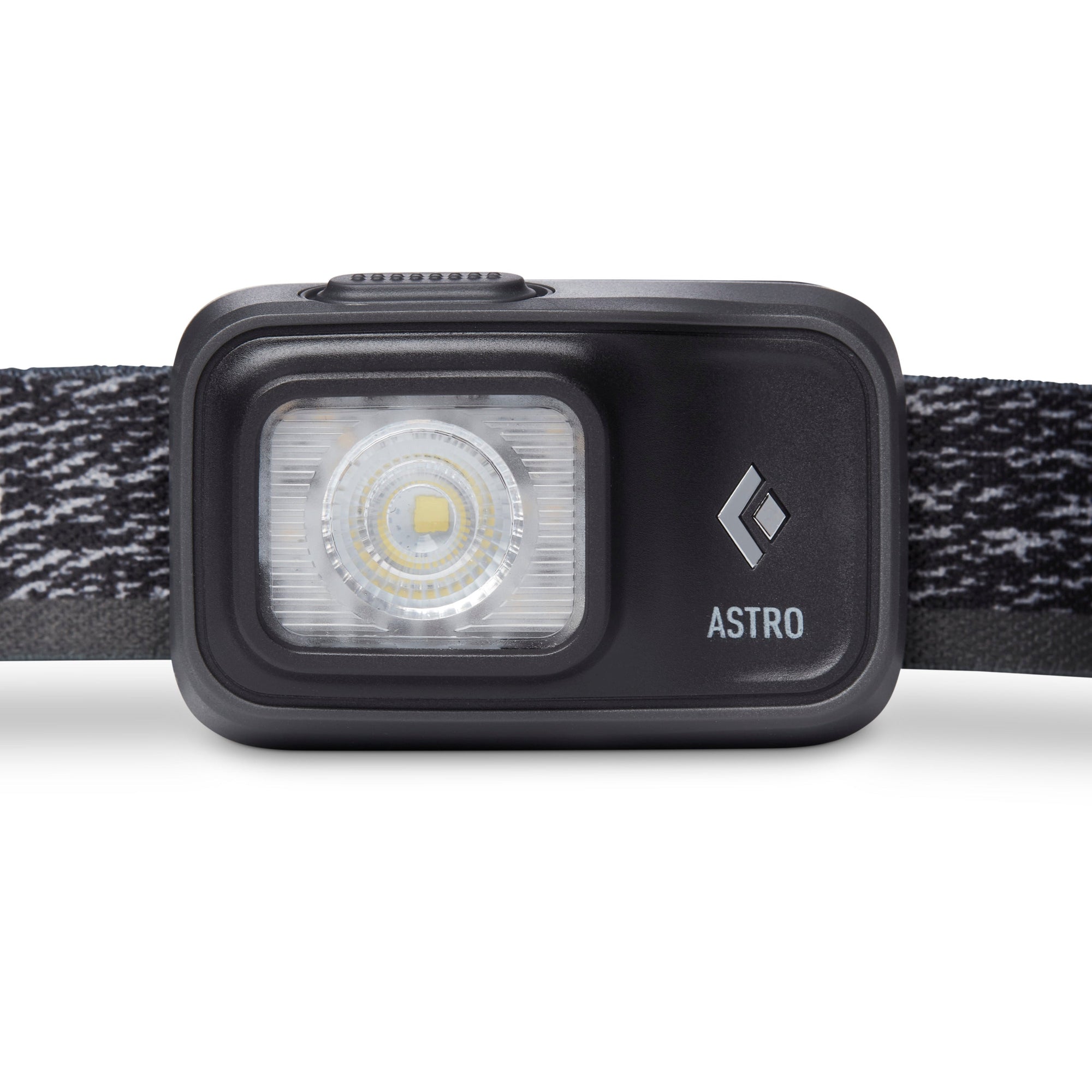 Compact LED headlamp with single large lens, mounted on adjustable elastic headband, front view
