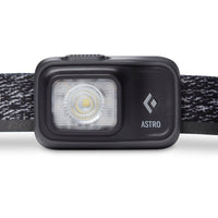 Compact LED headlamp with single large lens, mounted on adjustable elastic headband, front view
