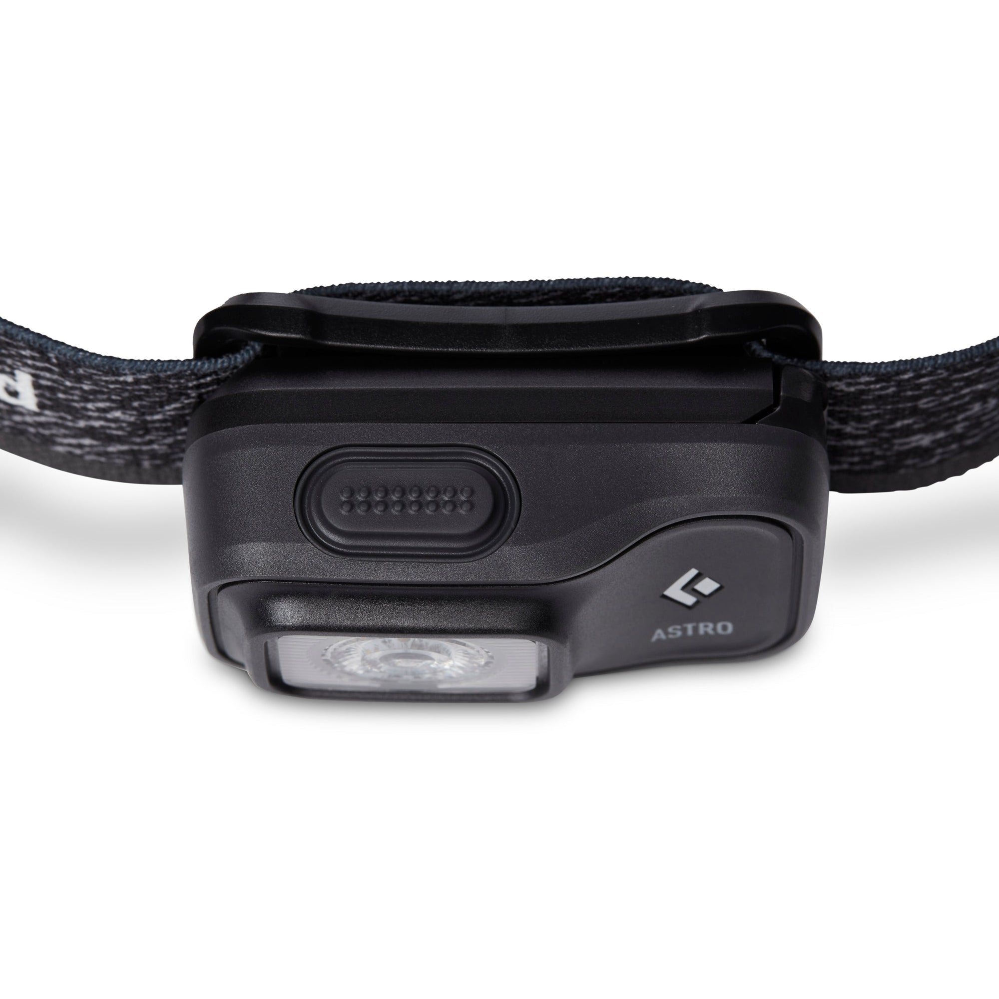 Compact headlamp with single LED lens, power button, and adjustable fabric headband, front angle view