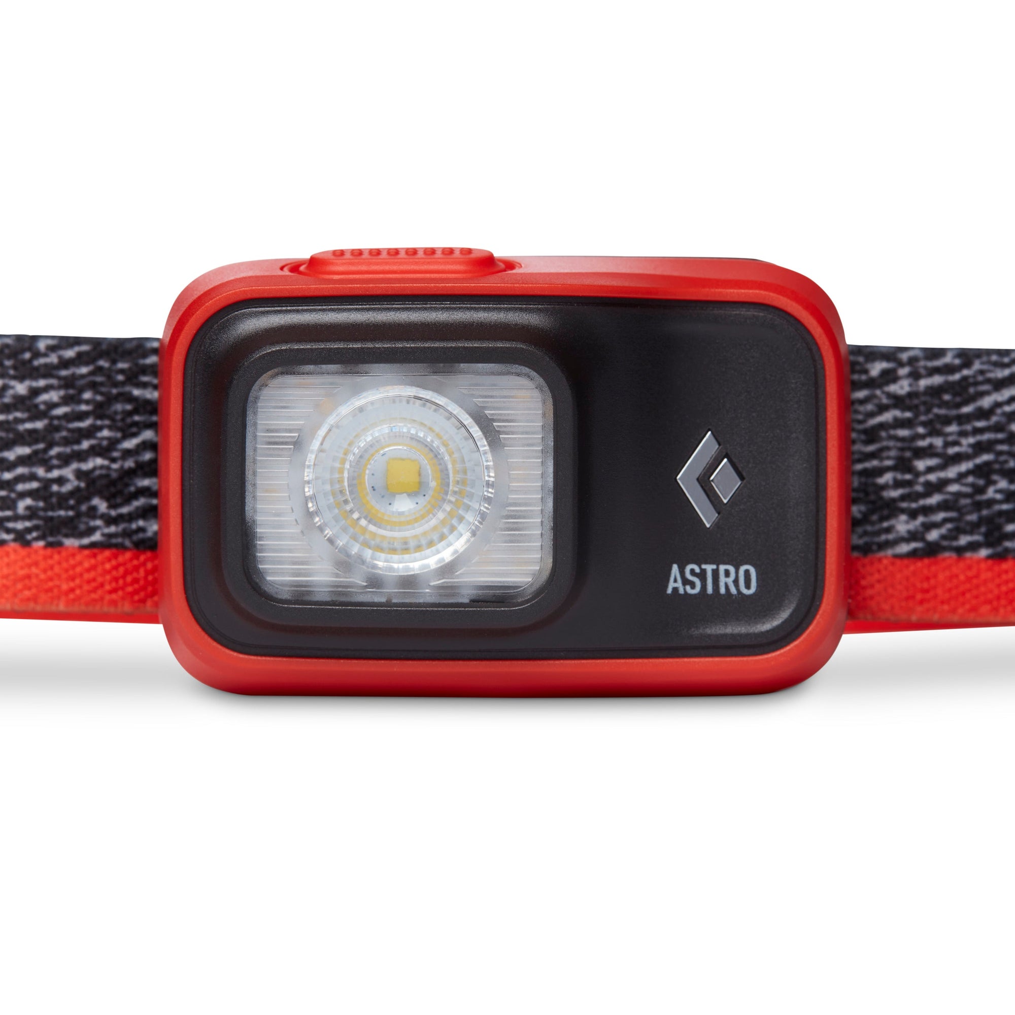 Red LED headlamp with black front panel and elastic headband, front view
