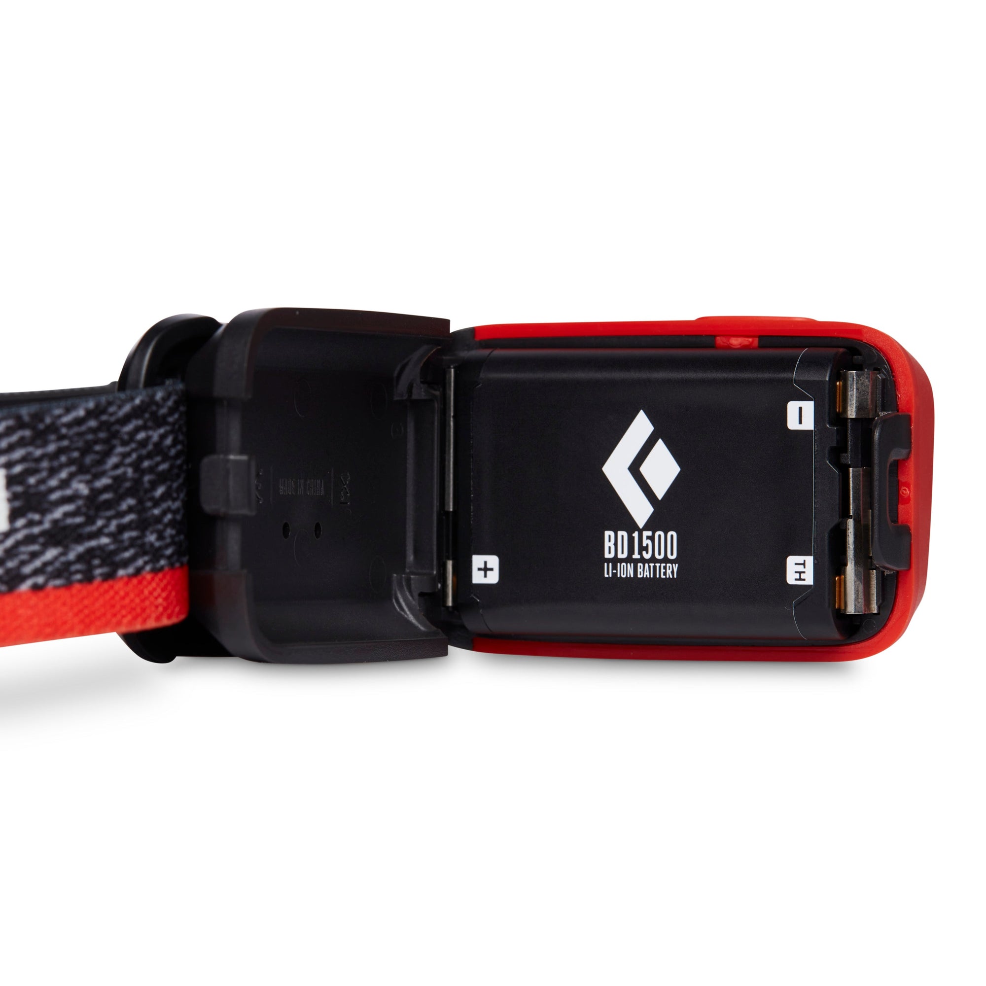 Headlamp with battery compartment open revealing Li-Ion rechargeable battery, detail view