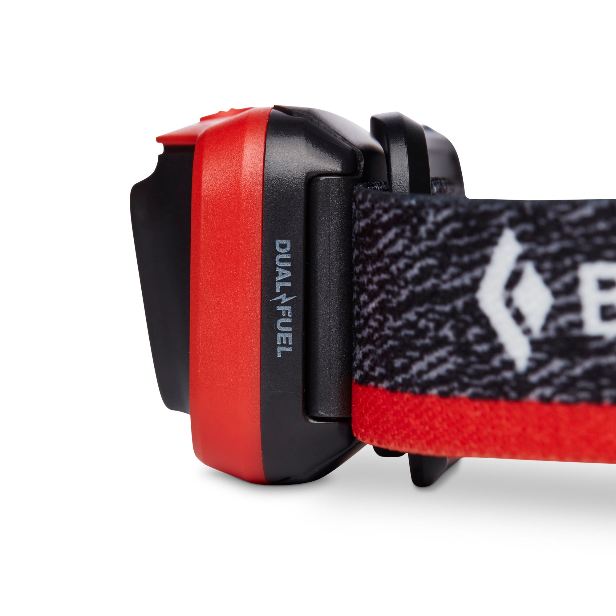 Side detail view of a headlamp showing Dual Fuel labeling, red housing, and adjustable strap