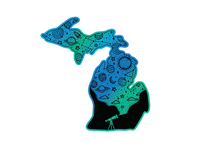 Michigan state shaped sticker with blue-teal gradient featuring space themed doodles and telescope