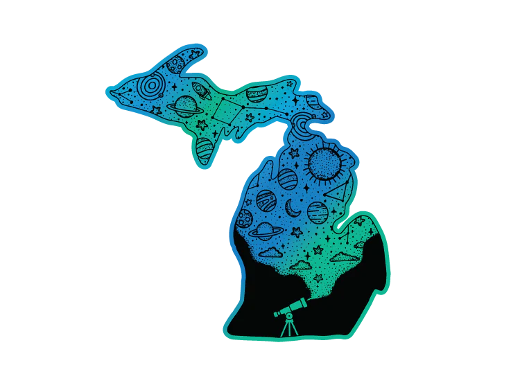 Michigan state shaped sticker with blue-teal gradient featuring space themed doodles and telescope