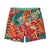 Colorful tropical floral print swim shorts with elastic waistband, front view