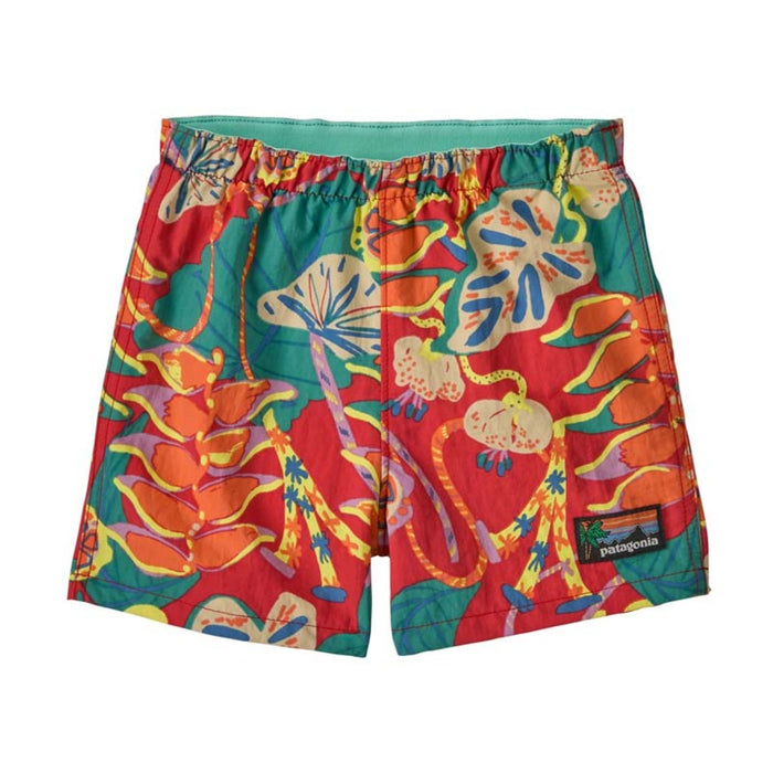 Colorful tropical floral print swim shorts with elastic waistband, front view