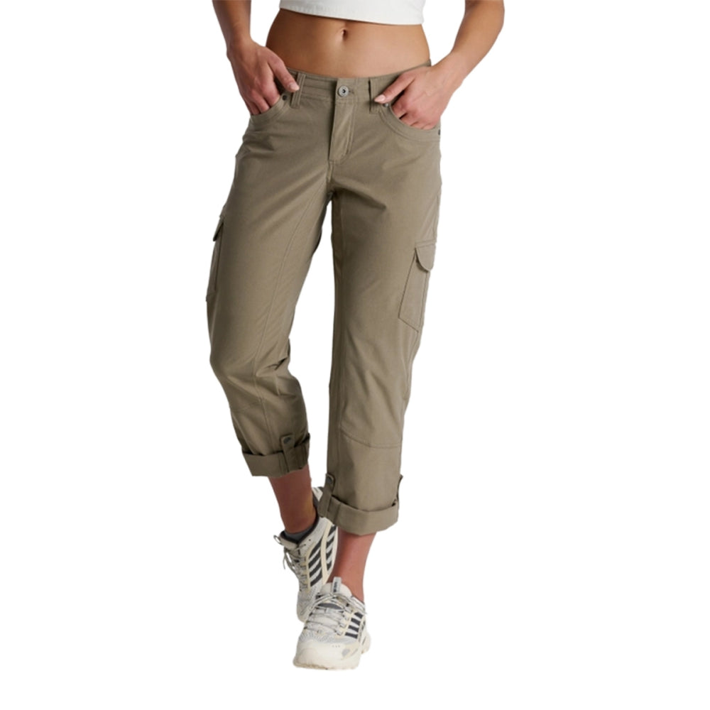 Women's roll-up cargo pants in tan with side pockets and cuffed ankles, front view
