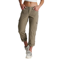 Women's roll-up cargo pants in tan with side pockets and cuffed ankles, front view
