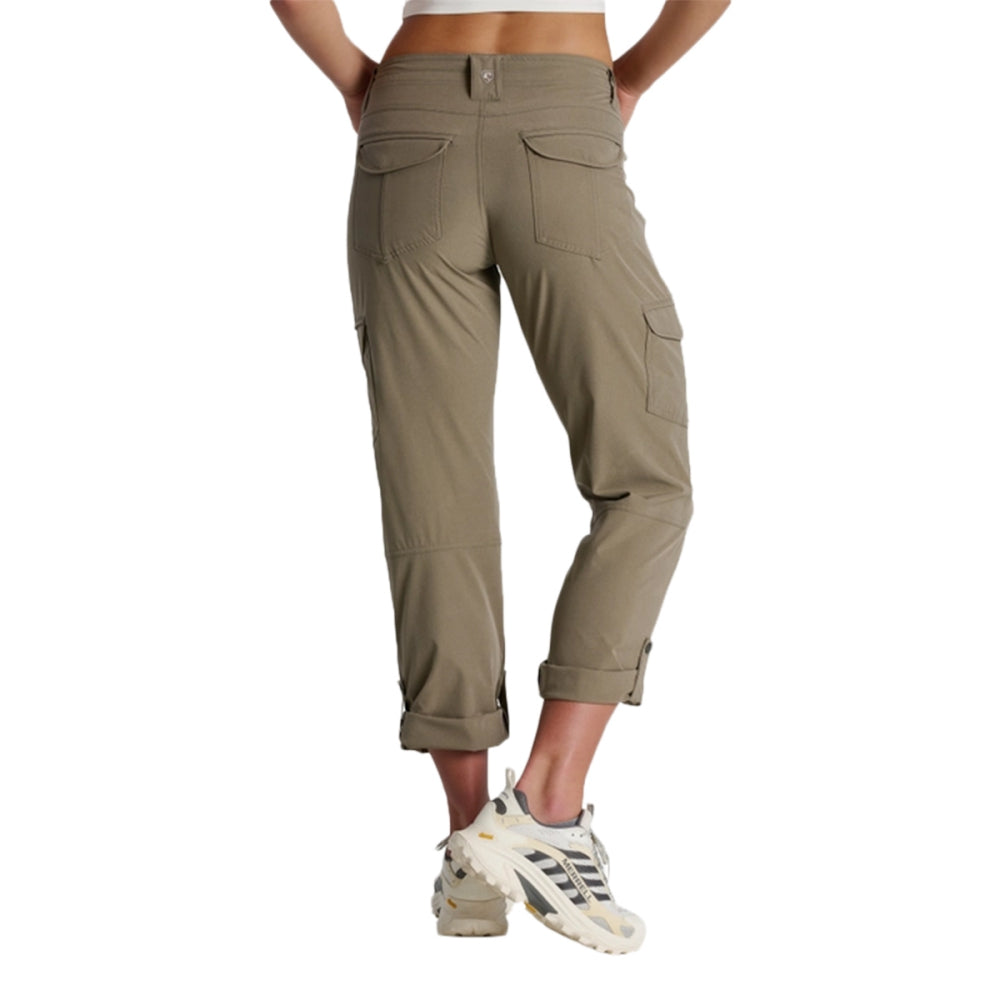 Women's roll-up cargo pants in taupe, back view with multiple pockets and rolled cuffs