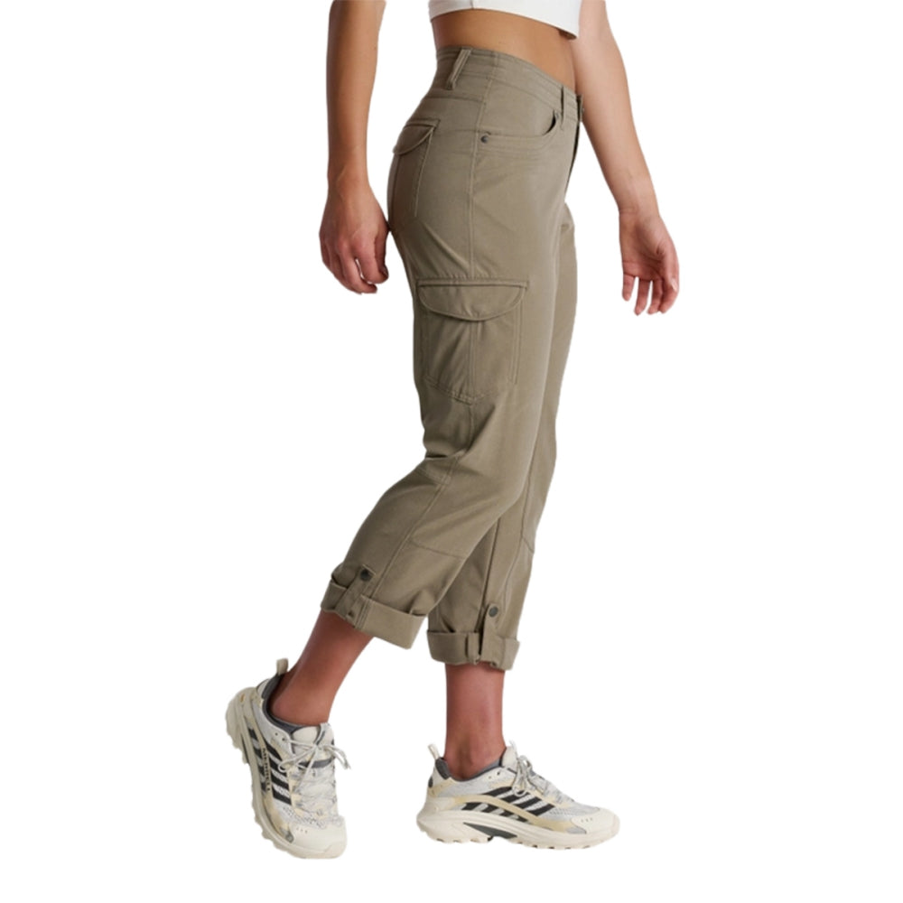 Women's cargo roll-up pants in olive tan, side view showing large pocket and cuffed hem