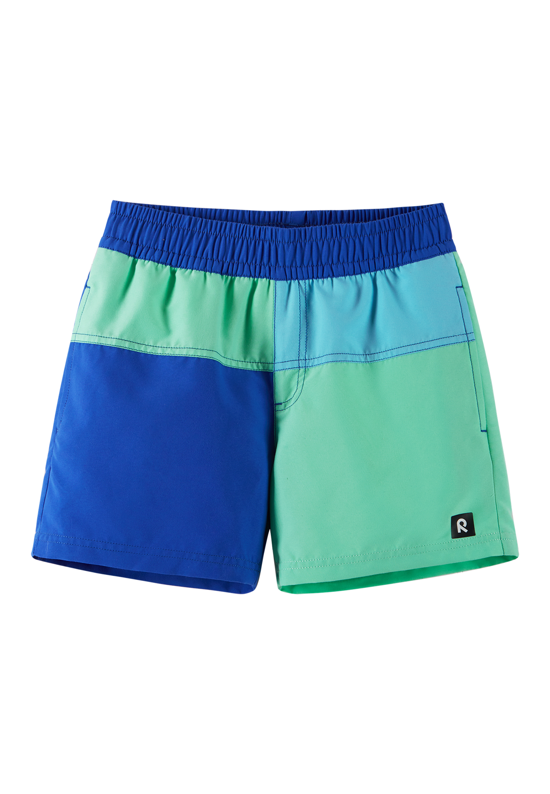 Colorblock swim shorts with blue and green panels, elastic waistband, front view