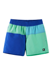 Colorblock swim shorts with blue and green panels, elastic waistband, front view