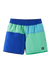 Colorblock swim shorts with blue and green panels, elastic waistband, front view