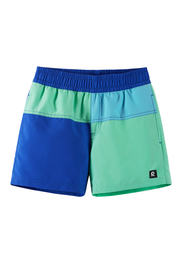 Colorblock swim shorts with blue and green panels, elastic waistband, front view