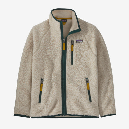 Children's full-zip sherpa fleece jacket with stand collar, teal trim, and yellow zipper pulls, front view