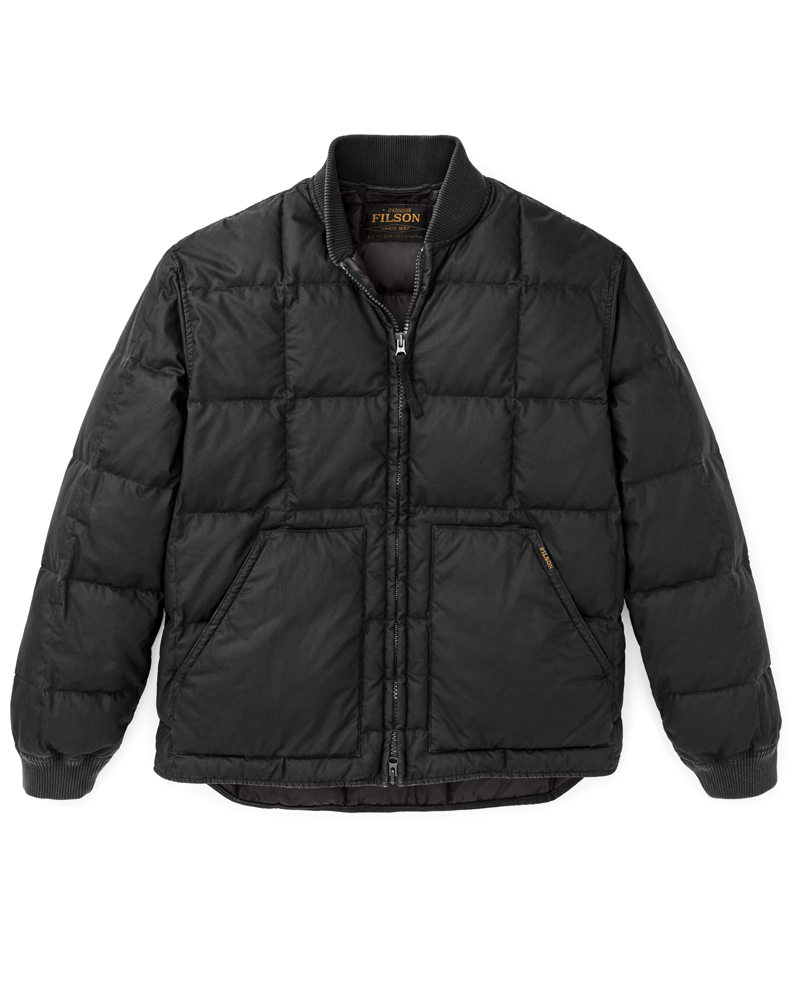 Black quilted puffer jacket with zip front, stand collar, and front pockets, flat lay view