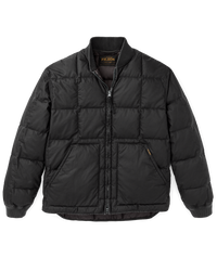 Black quilted puffer jacket with zip front, stand collar, and front pockets, flat lay view