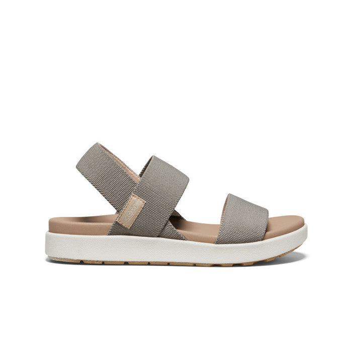 Women's athletic sandal with gray straps and white sole, side profile view