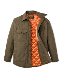 Quilted insulated shirt jacket in olive green, open to reveal orange diamond-quilted lining, flat lay view