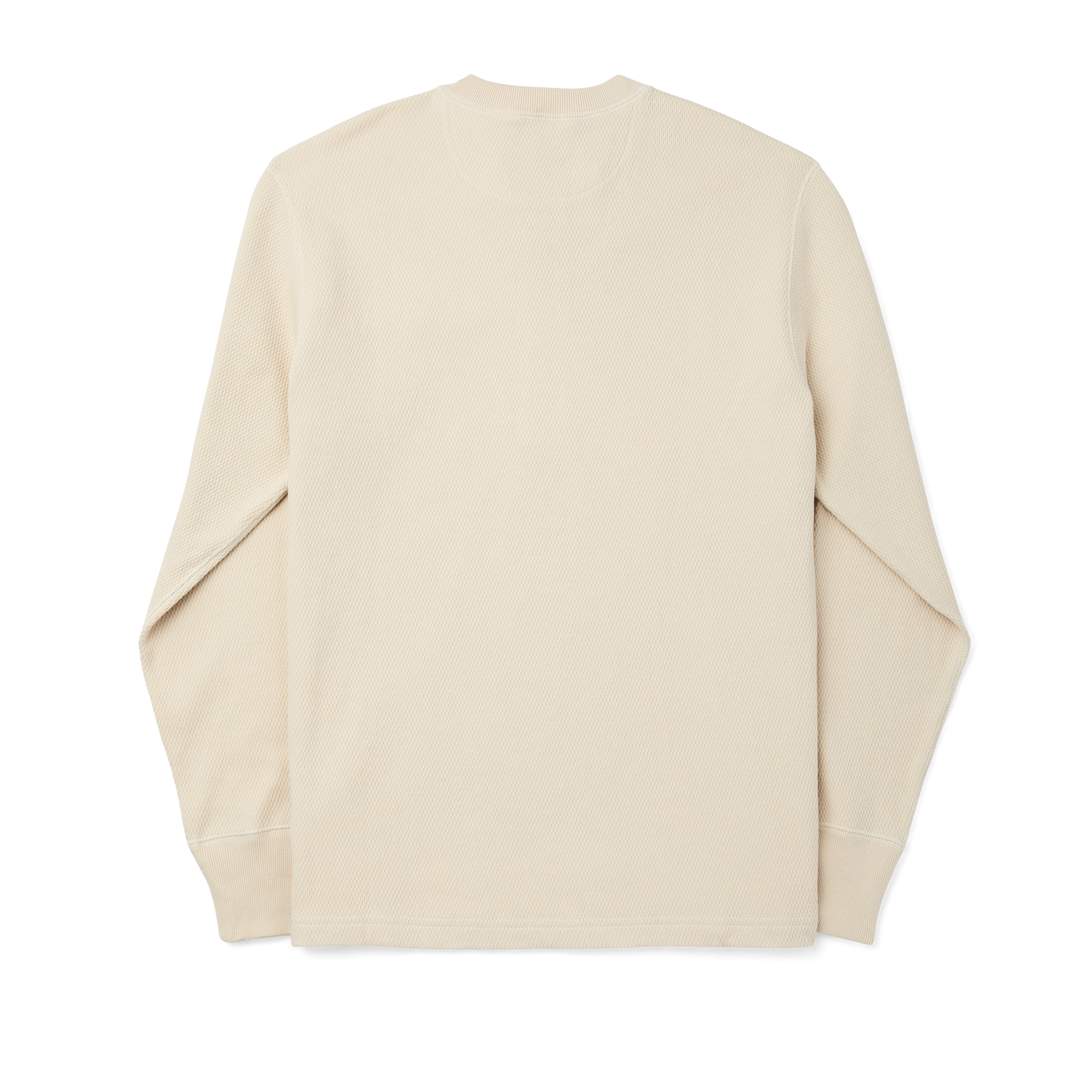 Men's long-sleeve waffle knit henley in cream, back view showing textured fabric and cuffs
