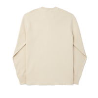 Men's long-sleeve waffle knit henley in cream, back view showing textured fabric and cuffs