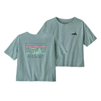 Women's relaxed-fit graphic tee shown front and back with mountain skyline design