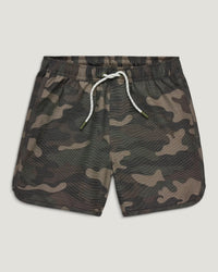 Camouflage patterned shorts with elastic waistband and white drawstring, laid flat front view