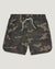 Camouflage patterned shorts with elastic waistband and white drawstring, laid flat front view