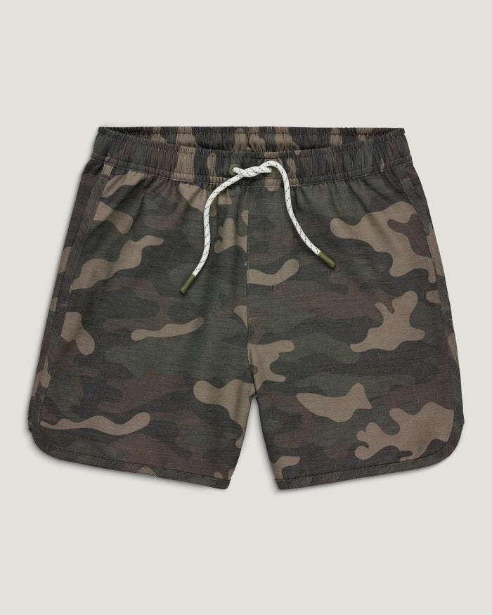 Camouflage patterned shorts with elastic waistband and white drawstring, laid flat front view