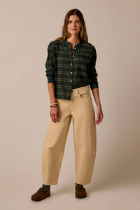 Women's wide-leg barrel fit pants in sandy beige, front view, full length on model