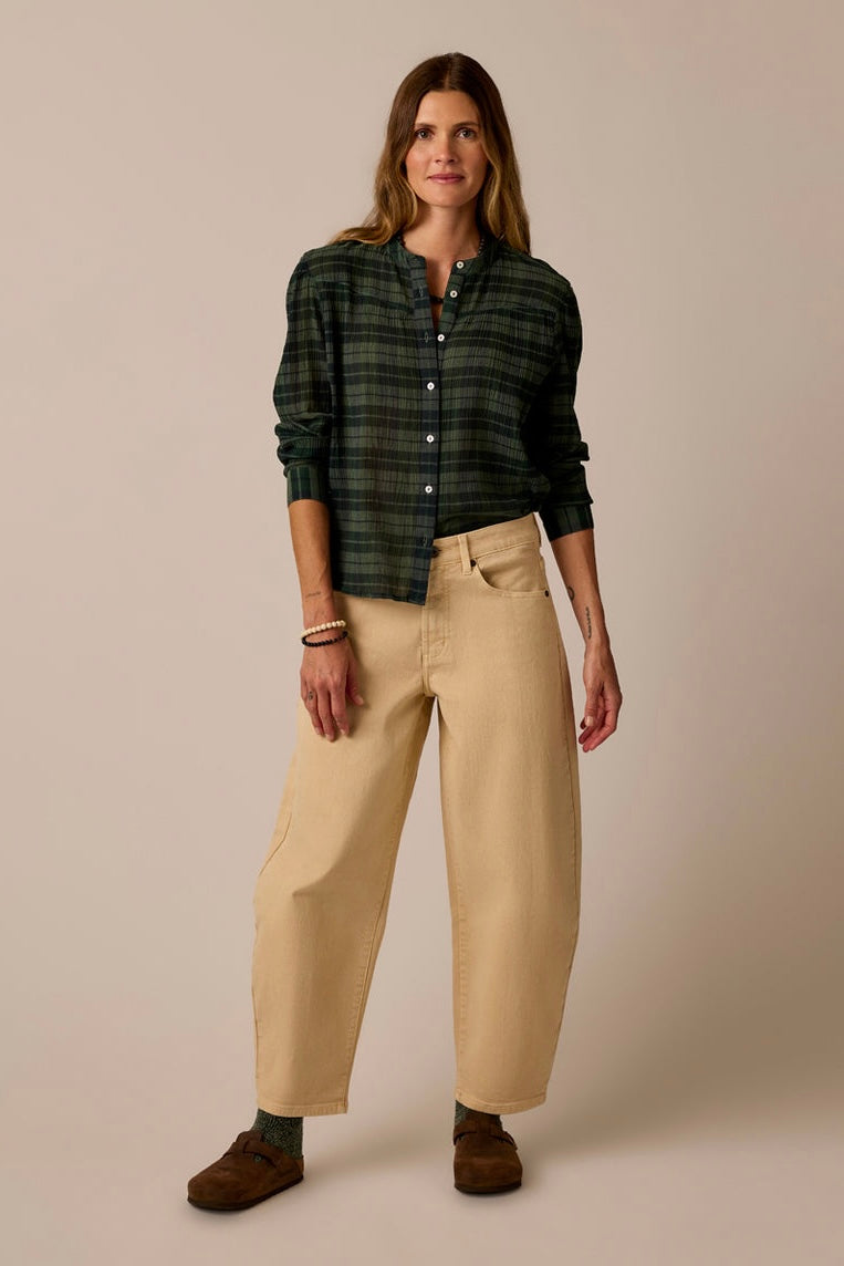 Women's wide-leg barrel fit pants in sandy beige, front view, full length on model