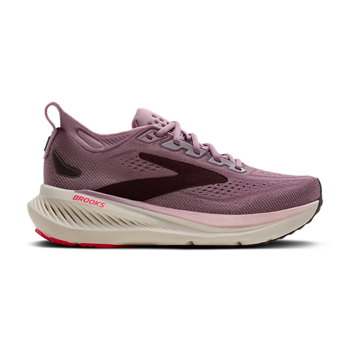 Women's running shoe in mauve purple with cream midsole, lateral side view