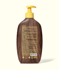 Brown sunscreen lotion bottle with yellow pump dispenser showing back label with product information