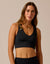 Women's black cropped sports bra top with V-neckline and racerback straps, front view