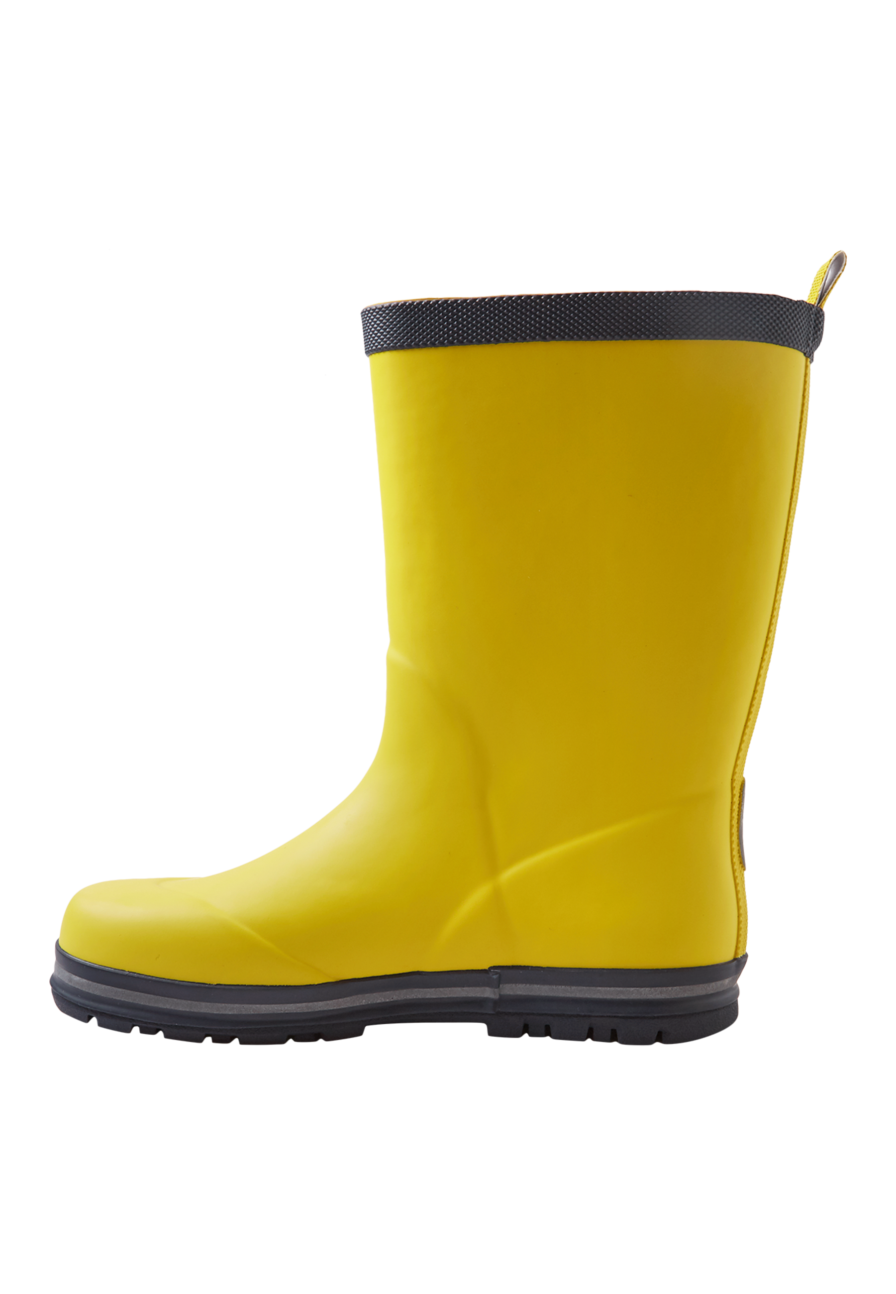 Bright yellow rain boot with black sole and trim, side profile view
