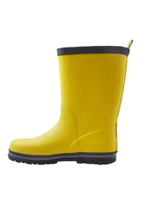 Bright yellow rain boot with black sole and trim, side profile view