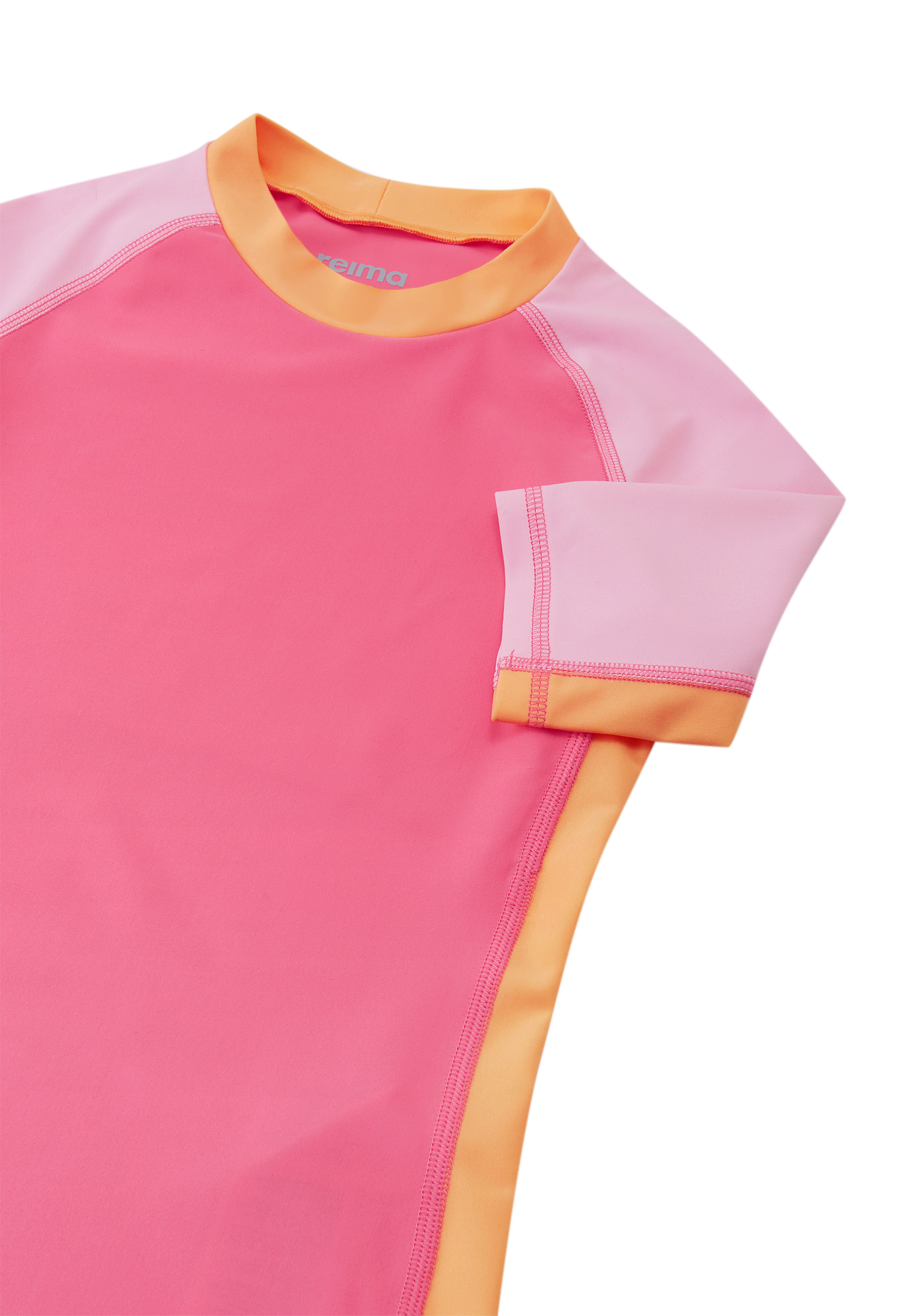 Colorblock short-sleeve rash guard with pink panels and orange trim, detail view