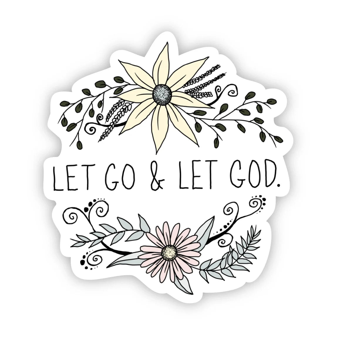 Round sticker with floral border design and inspirational text in center