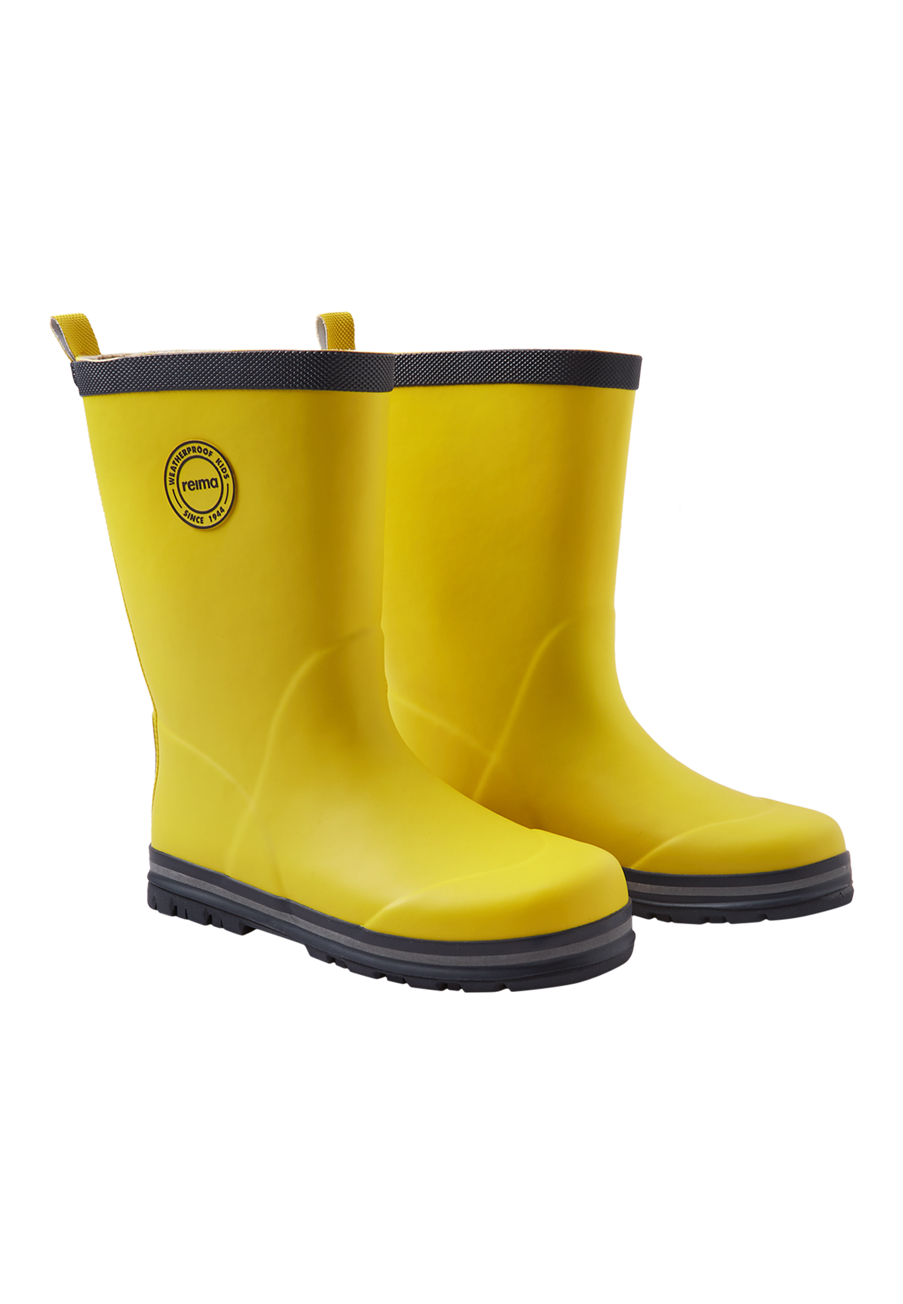 Bright yellow rain boots with black trim and treaded soles, pair shown side by side