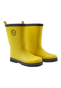 Bright yellow rain boots with black trim and treaded soles, pair shown side by side