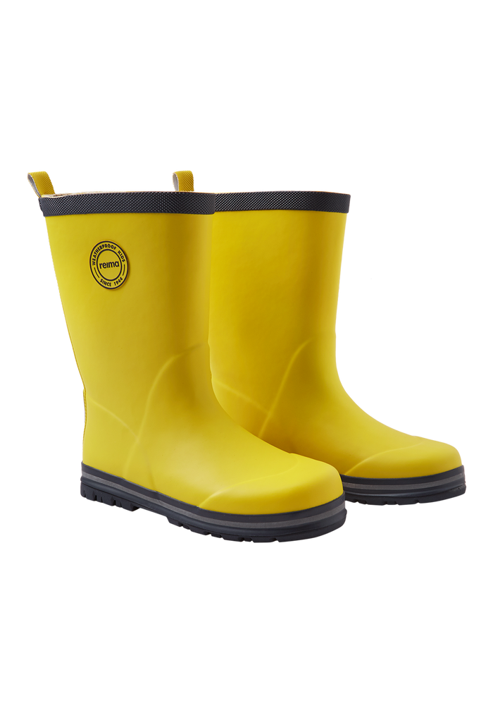 Bright yellow rain boots with black trim and treaded soles, pair shown side by side