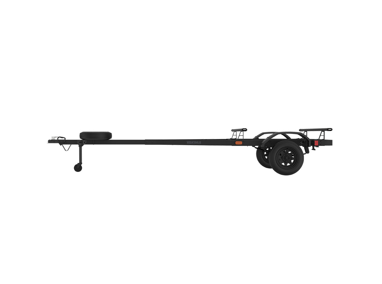 Black boat trailer frame with spare tire mount and single axle, side profile view