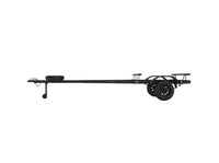 Black boat trailer frame with spare tire mount and single axle, side profile view