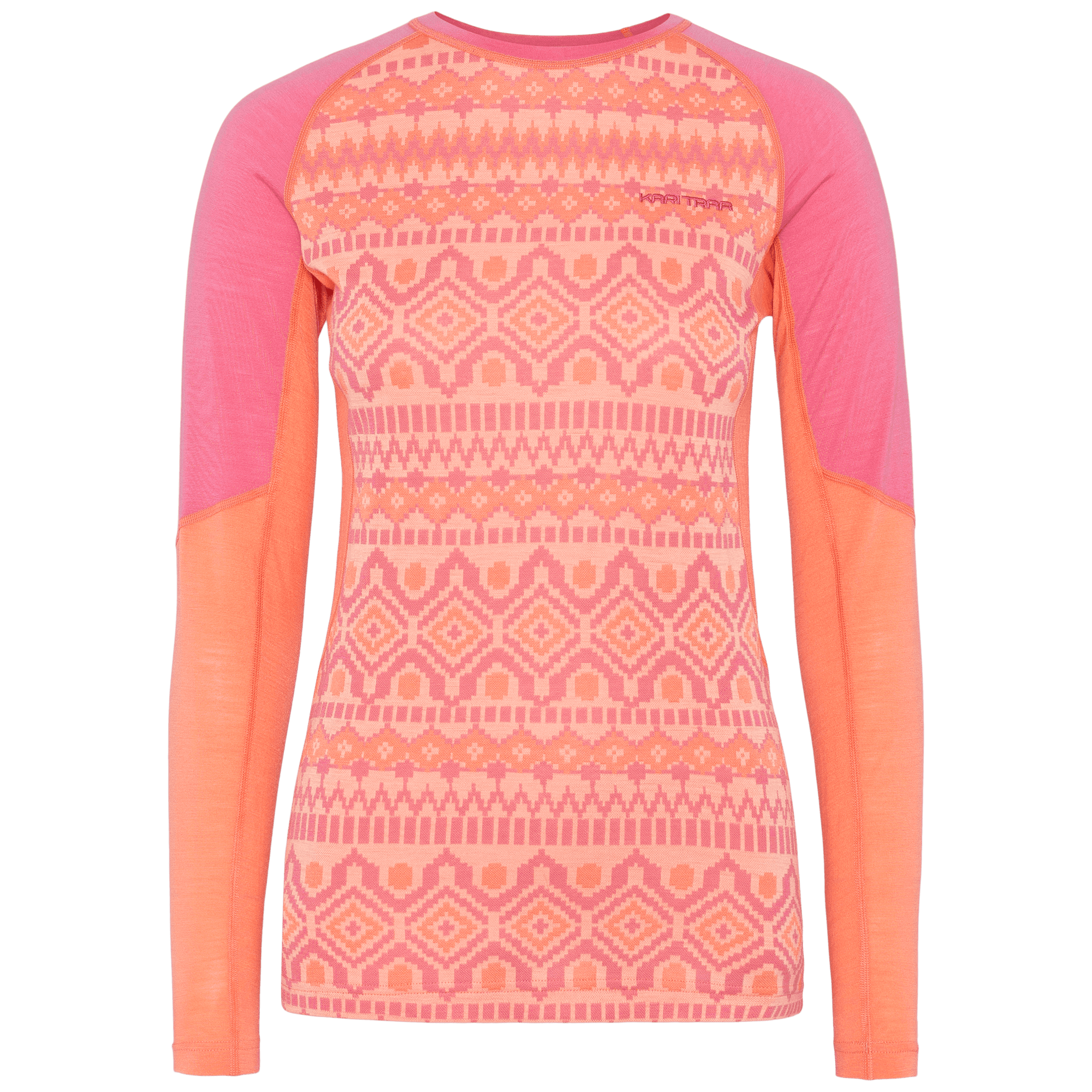 Women's long sleeve base layer with Fair Isle pattern, raglan sleeves, and color-block panels, front view