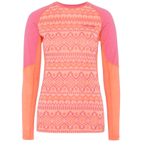 Women's long sleeve base layer with Fair Isle pattern, raglan sleeves, and color-block panels, front view