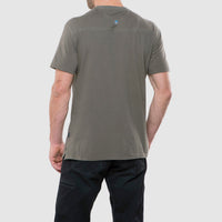 Olive green short sleeve t-shirt shown from back view on male model