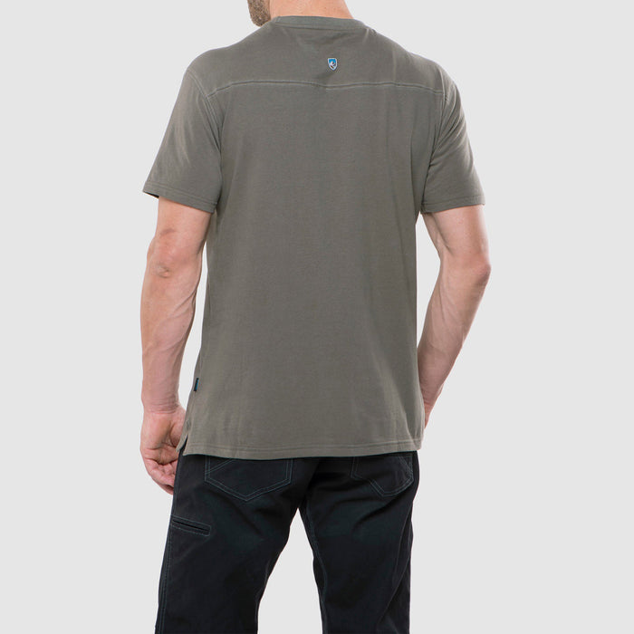 Olive green short sleeve t-shirt shown from back view on male model