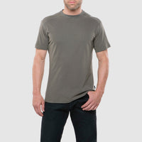 Men's olive green short-sleeve crew neck t-shirt on model, front view