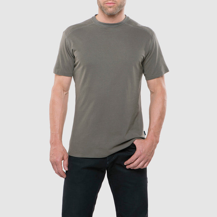 Men's olive green short-sleeve crew neck t-shirt on model, front view